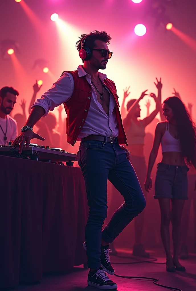 A man in front of a dj behind him dancing people he wearing dancing outfit with headphones, sunglasses,playing a dj with rock on