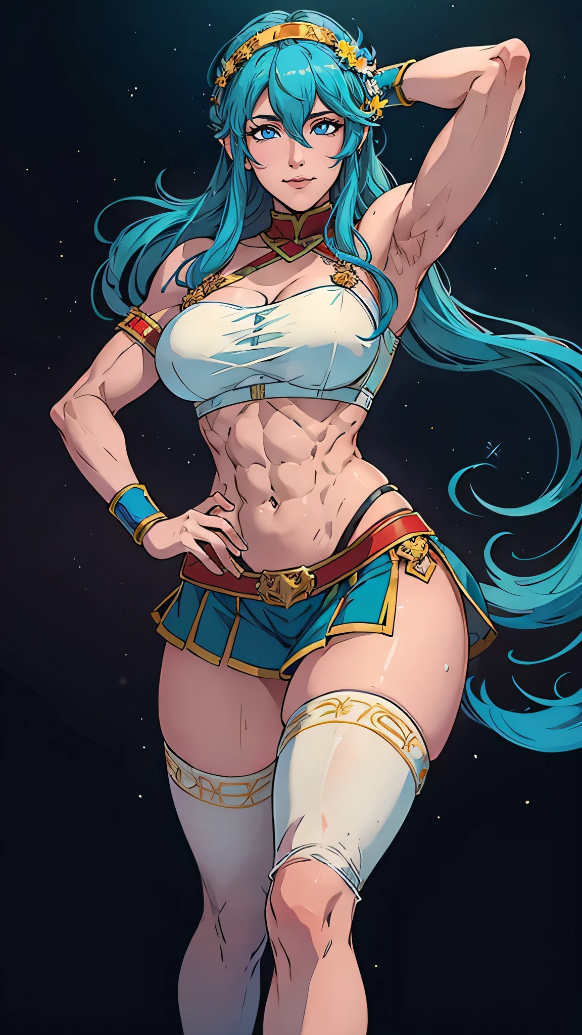 blue hair, twinlocks, happy, joyful, fire emblem eirika, smiling, seductive, explicit, bulky, muscular, dancing, best quality, ultra-high-detailed-anatomy, hdr, vivid colors, masterpiece, abs, obliques, biceps, quadriceps, background