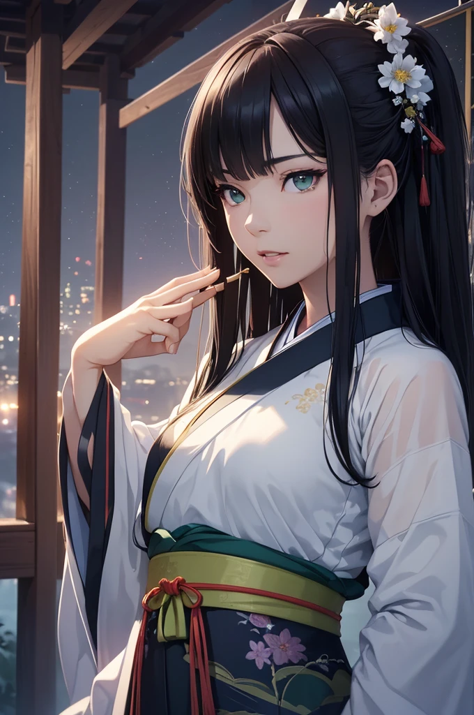Starry sky and fog cover the landscape.Rich historical background. (Highest quality,4K,8k,High resolution,masterpiece:1.2), Very detailed, (Realistic,Realistic,Photorealistic:1.37), High resolution, Hyper HD, Studio Lighting, Ultra-fine painting, Sharp focus, Physically Based Rendering, Very detailed説明, Professional, Vibrant colors, Bokeh, Sports Late, Traditional Chinese Painting Techniques, Atmospheric lighting, Dynamic Pose, Vivid color contrast, Visually stunning composition, Ethereal atmosphere,Very detailed目と顔, Beautiful attention to detail, Light on the face, (Hanfu: 1.1),Green Eyes, (Sexy and acrobatic poses:1.3)