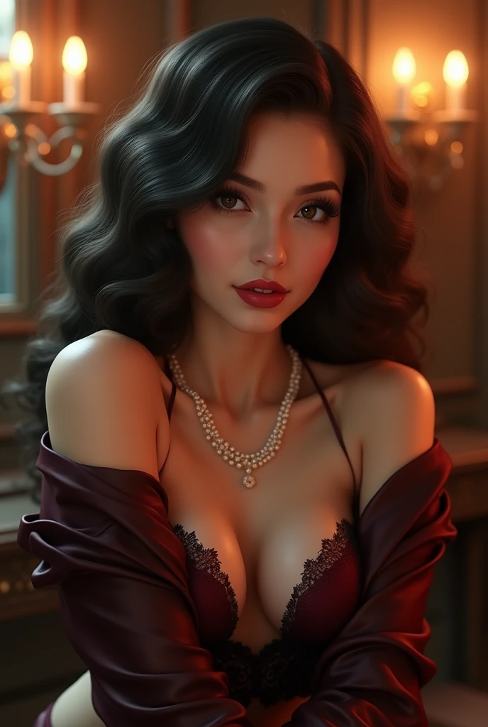 head of'artwork, (extremely complex:1.2), wife, ultra detailed, finely detailed face, extremely detailed face, pale skin, noir_hairs, sexly, curved hairs, noir medium hairs, ((very big breasts)), high quality, best quality, realistic, ultra realistic, photorealistic, beaux yeux délicats, la plus high quality, high resolution, Photo brute, 8k, detailed eyes, la plus high resolution, (extremely detailed skin), light smile, curved, Quiet lighting, des yeux parfaitement dessinés, sexly pose, ((deep black, nuit, Dark theme:1.1)), depth of field, (((in the pink room, squat, sexly red tight bra, bonne pose, Bonnes mains, open pose)), montrant le décolleté, big boobs, sourire vigoureux, band necklace, ((Belly Button)),hairs bun, INFO