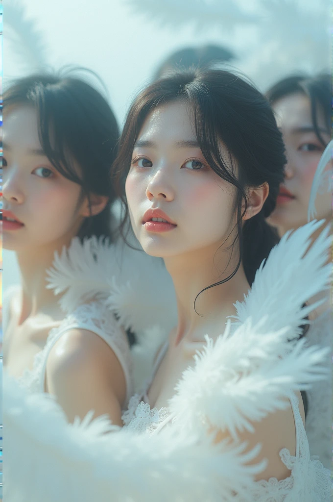 I'm taking photos for a new concept album. Create a girl group concept photo with soft, white feathers