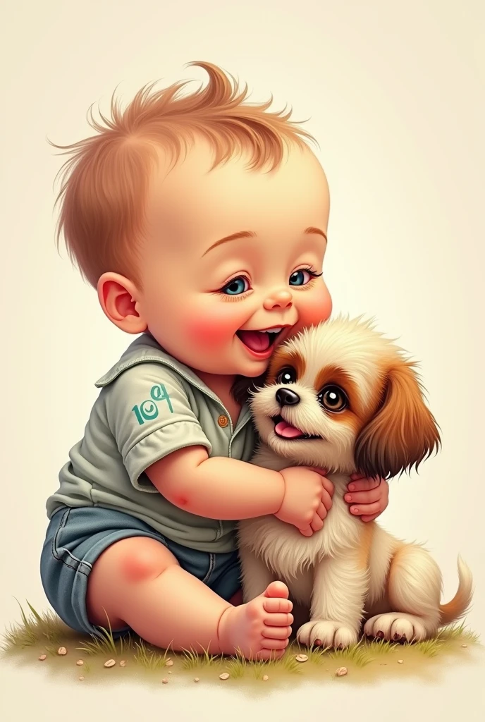 Design a tattoo featuring a baby boy playing joyfully with a Shih Tzu puppy. The baby and the dog should be interacting in a playful manner, conveying warmth and innocence. Incorporate the numbers 04 and 10 subtly into the design. The style should be detailed, with soft shading and a mix of realistic and illustrative elements.