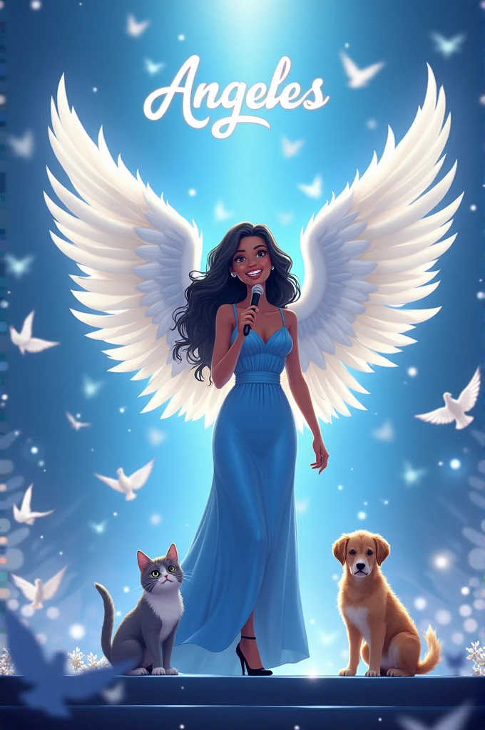 A 26 year old girl with light dark skin ,with big wings like an angel with a smile and has braces on her teeth , her wavy black hair her wide nose with a long blue dress and high black heels like a Goddess on a stage full of white and blue doves and blue butterflies she holding a microphone in her hand  , At his side are his 3 pets, a big grey angora kitten, lead-colored all over its body, and his other pet, which is a yellow and white kitten, Her name is Nini, She is smaller, and his last pet, which is a big beige Golden puppy, On stage she has a big name that says Angeles.