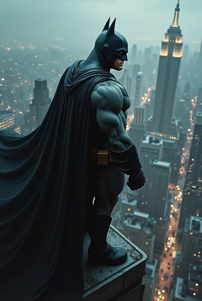 Batman with massive muscles
looking over the gotham from the top of the building