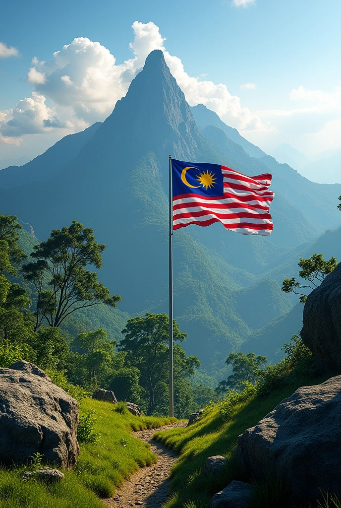 Beautiful kinabalu mountain, waving malaysian flat, ((malaysia))