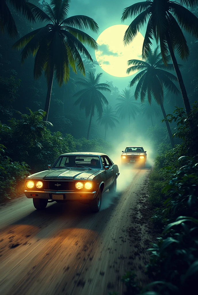 An old car chasing another car at night in the jungle.