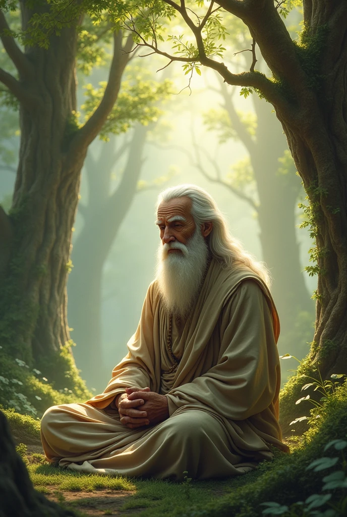 an old man meditating, vintage oldschool white hair in a nature environment