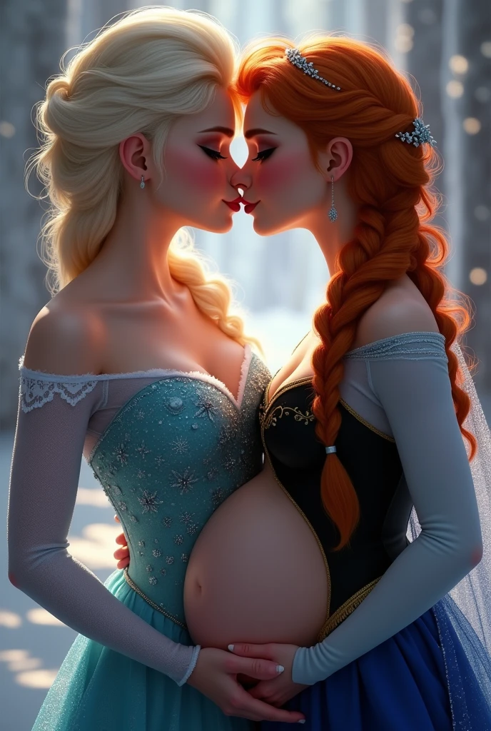 A stunning portrait of Elsa and her sister Anna kissing, French kissing, tongues touching, they are kissing, young and beautiful, hyper realistic, real portrait, backlit, exquisite features, cleavage, Elsa is showing her vagina to Anna and asking her to lick her vagina, she is inserting his fingers in her vagina under her skirt, she is fingering her, Elsa is in ecstasy, (anna has red hair), Elsa is pregnant