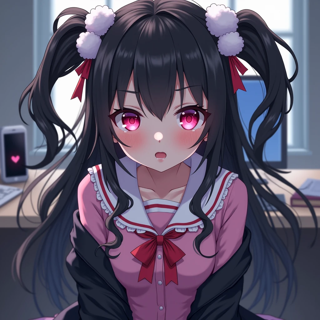 One person, Black Hair,Pink inner color,Long Hair, bangs,Half Twin Tail,Pink eyes, Droopy eyes,Take a closer look, Hearts in eyes, ribbon, Headband, White fluffy hair accessories,anime, anime風, skirt,Pale skin,Frills,Mine system,smartphone,Pink Sailor Suit,Dark cardigan,Drooping eyes,Confused eyes,Worried brow,Yandere,background computer,smartphone,delivery,Illness,Expose,night