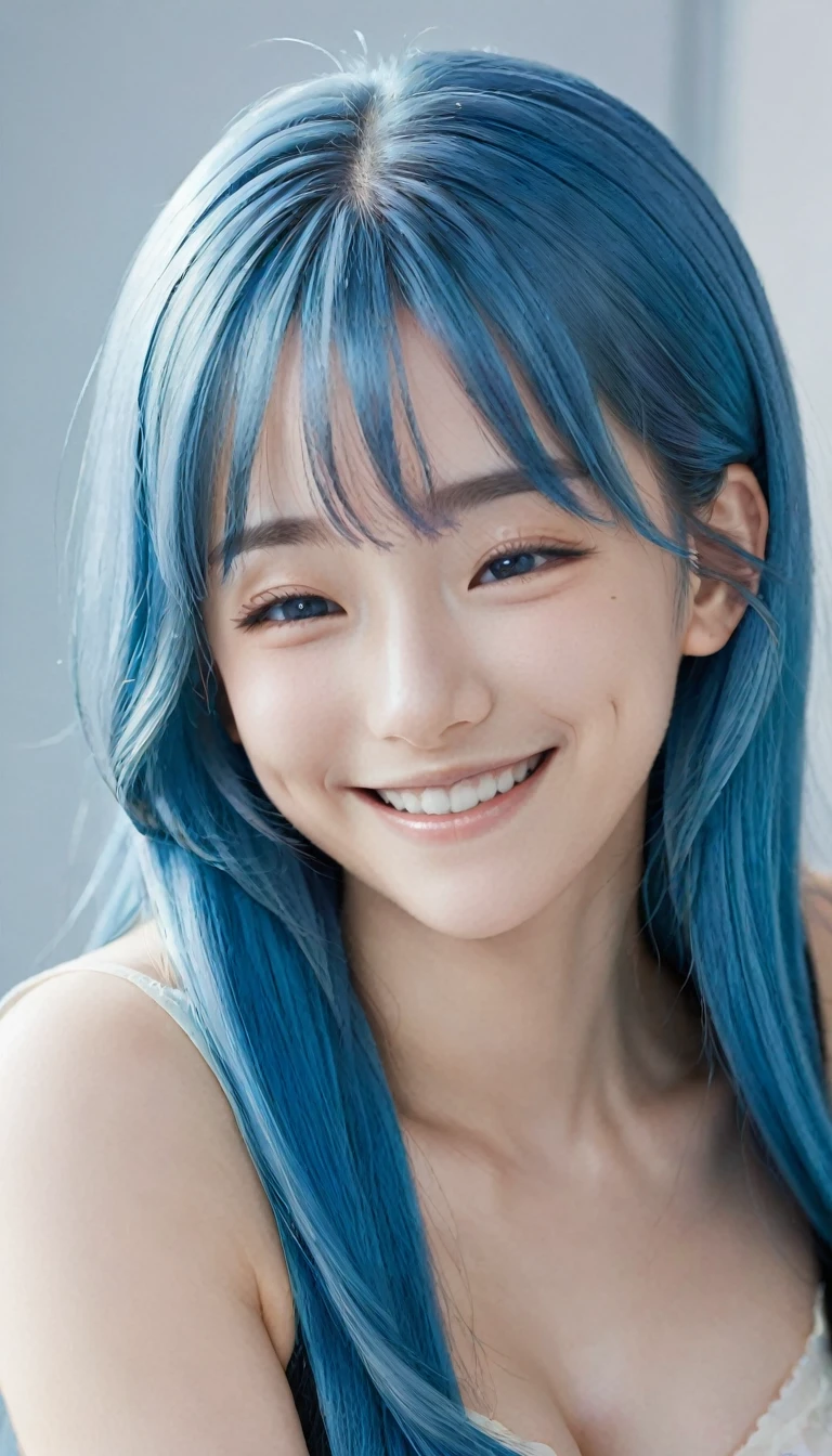 One person, High resolution, chest, Blushing, smile, Very long hair, Blue Hair/Light blue hair, Closed eyes, Character portrait, 