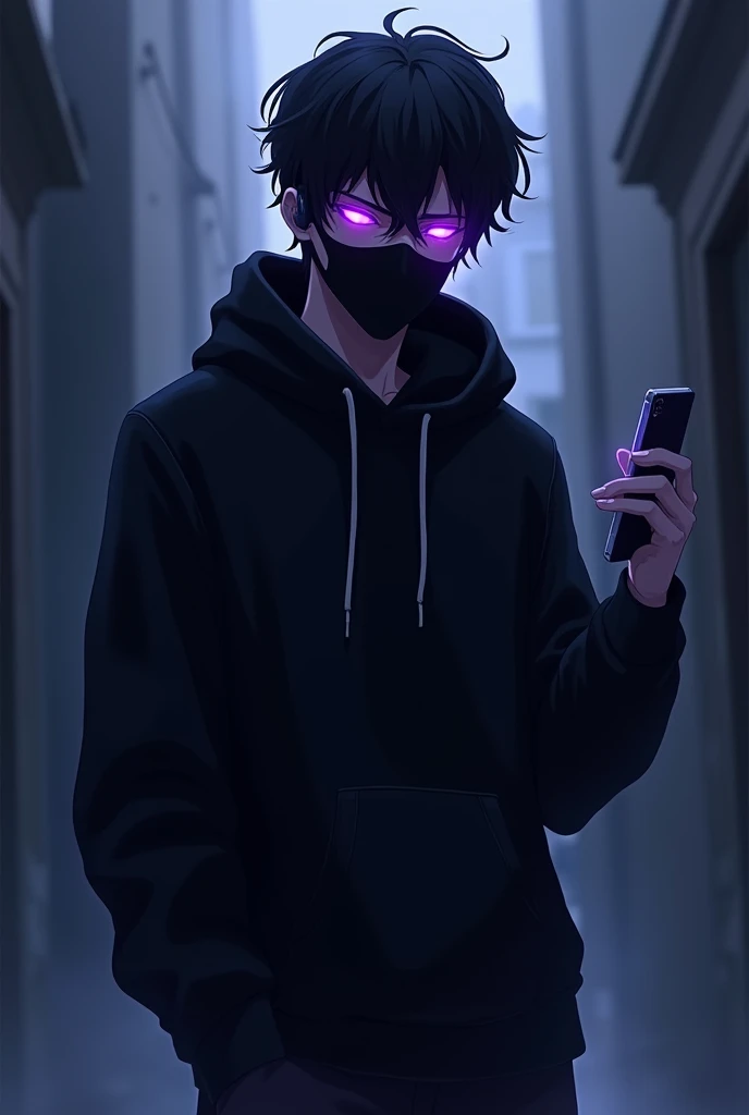 Appearance: hacker looking forward , 2d anime style , with short wavy hair , with a dark face with black hair standing on end. He wears a black mask that covers part of his face and small headphones in his ears.. He has a cell phone in his hand, Its general appearance is gloomy , recalling an ethereal and dark presence. eyeballs: Intense and illuminated purples, increasing its mysterious and frightening aura. Clothing: Wears a black sweatshirt that enhances his shadow appearance. Personalidade: Exudes a calm and calculating demeanor, rarely loses composure. His glowing purple eyes and shadow-like appearance contribute to his enigmatic and unsettling presence.. history: Carries a dark past that shaped his menacing aura, with his hidden face and glowing eyes suggesting a deep inner conflict between light and darkness.