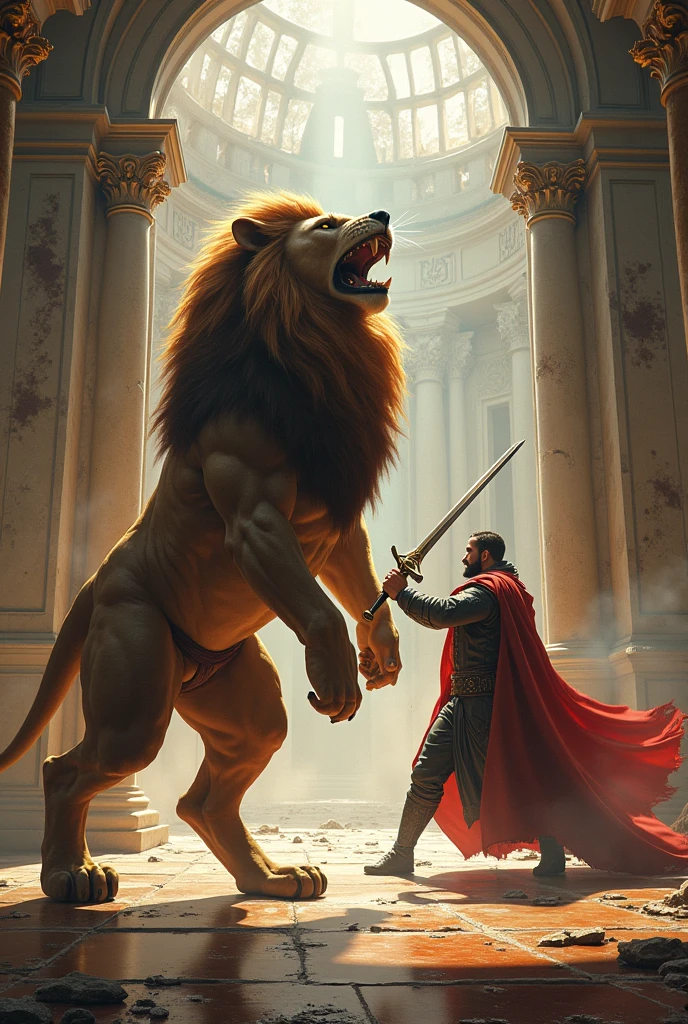 A half man half lion God is standing and roaring in a battle field inside a royal palace and a king is standing against him with a sword