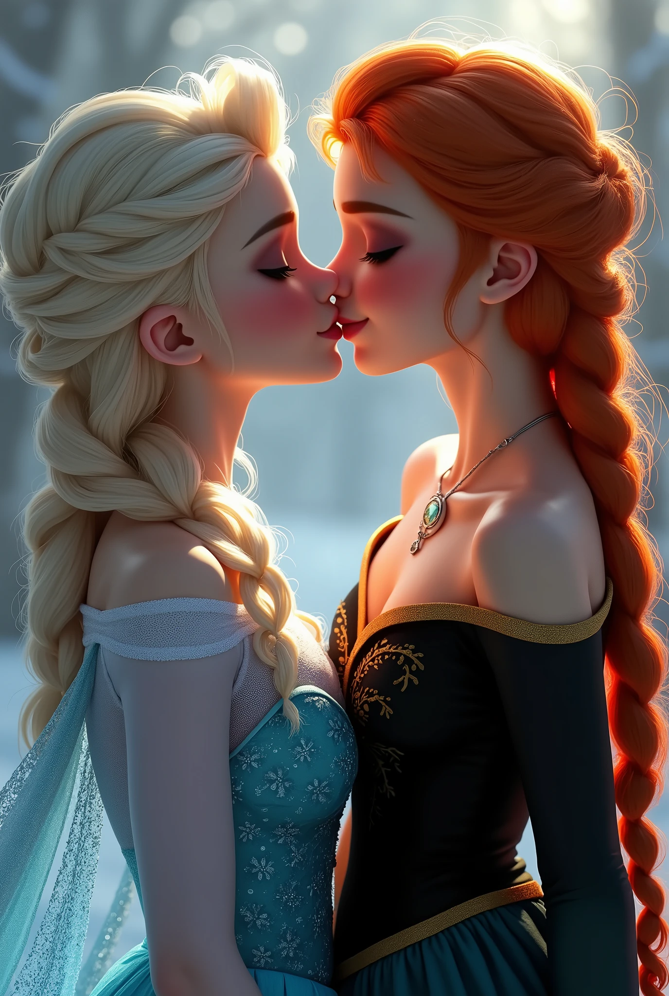 A stunning portrait of Elsa and her sister Anna kissing, French kissing, tongues touching, they are kissing, young and beautiful, hyper realistic, real portrait, backlit, exquisite features, cleavage, Elsa is showing her vagina to Anna and asking her to lick her vagina, she is inserting his fingers in her vagina under her skirt, she is fingering her, Elsa is in ecstasy, (anna has red hair)