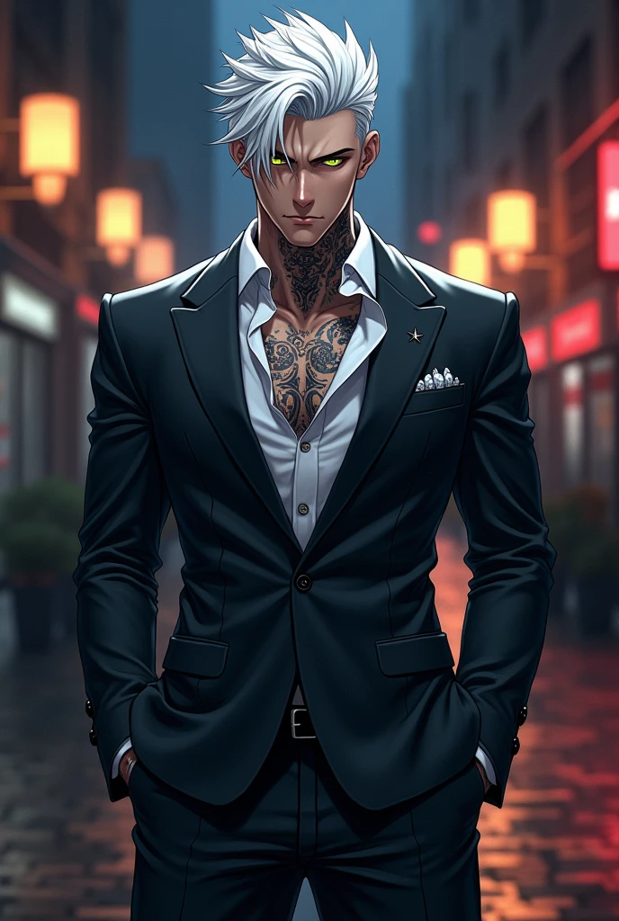 A tall and imposing grim reaper with short, slicked back white hair, a perfectly groomed beard, and piercing red eyes. He exudes confidence and carries himself with a sly and mysterious aura. Wearing a suit