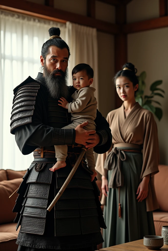 Highest quality、Ultra-high resolution、8k、RAW Photos、Japanese Samurai、((In the living room of my apartment))、hold a child、warrior、armor、knife、beard、cinematic lightening、Child in monpe、Wife in Monpe、A modern-day samurai family
