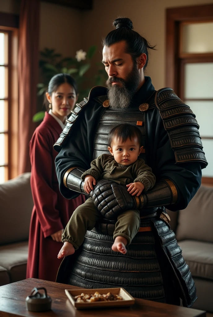 Highest quality、Ultra-high resolution、8k、RAW Photos、Japanese Samurai、((In the living room of my apartment))、hold a 、warrior、armor、knife、beard、cinematic lightening、Childonpe、Wife in Monpe、A modern-day samurai family