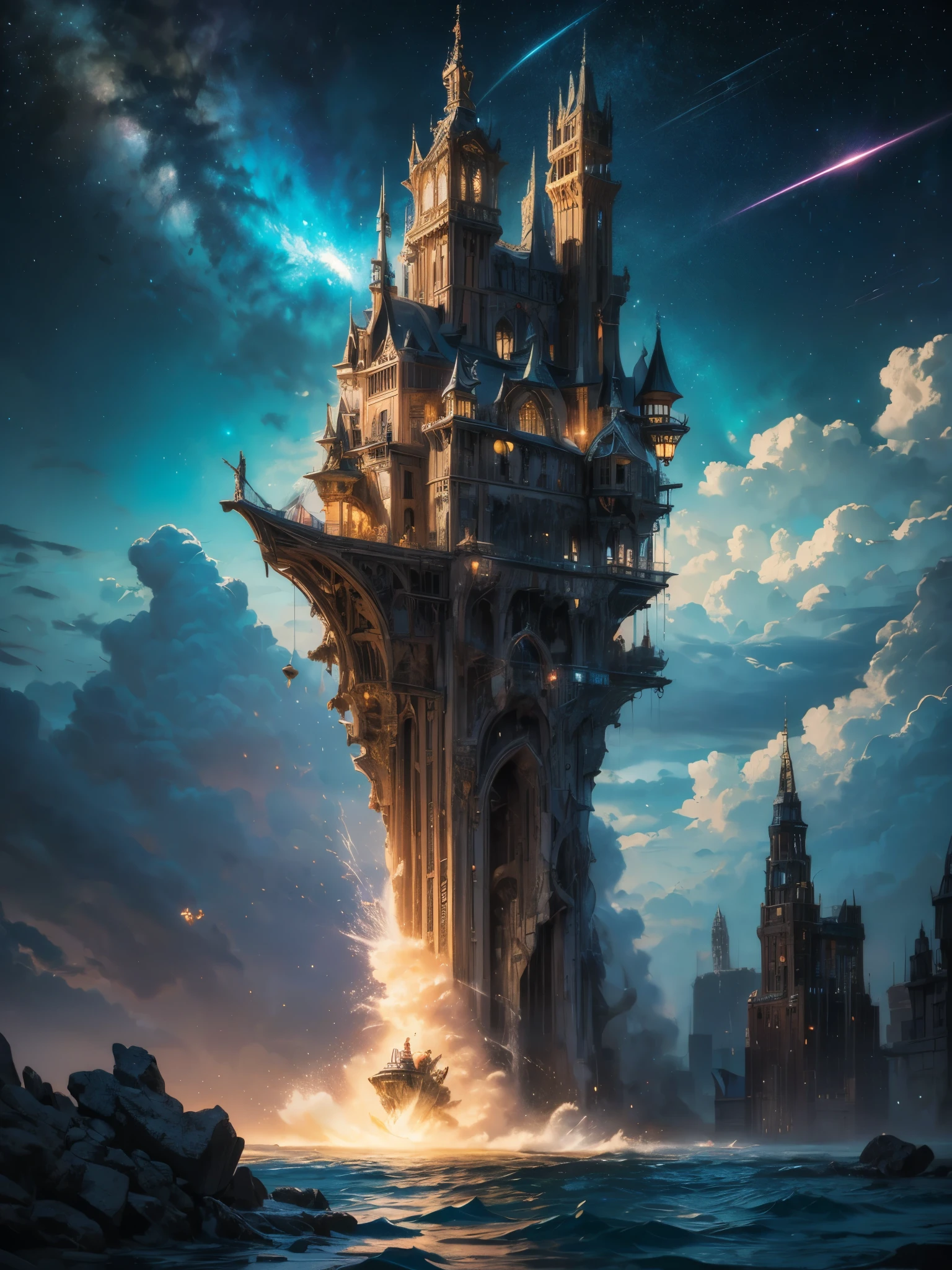 (8k, highest quality, masterpiece, final fantasy style: 1.2), (unRealistic, photoRealistic: 1.37), Dreamy landscape, Fantasy, Unsurreal landscapes, Super detailed, Flying Castle, Floating Island in the Sky, Seven-colored swirl of light, Intense lightning, milky way, Complex Light, Colored light, Large Lake, Starry sky reflected on the lake surface, Countless shining stars, Meteors, Reflections , (A pillar of light emanated from the ground:1,2), roses and orchids gardens , sunset, pink clouds, waterfalls in the sky, realistic style, Hyperrealism drawing, a flying pirate spaceship floating at the clouds level, burning skyscrapers, cyborgs, timeless realms, stunning princess , floating hair, pink lipstick, cute, naked shoulders , casting spell, healing light magic effect, in a magical lagoon of the fairyland, crystal clear water surface reflections, sharp focus, looking at viewer, (close-up:0.9), (bright white theme:1.2), (bright white tone:1.2), (deep blue tone:1.3), realistic, Hyperrealism,