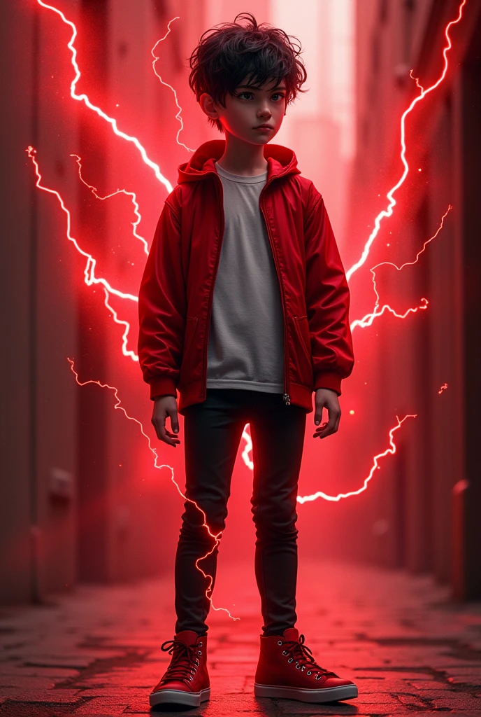 a boy with black hair, pale skin, and black eyes, wearing a red jacket, white t-shirt, black jeans, and dark red shoes, surrounded by a red electric aura all around his body