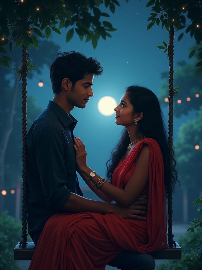 There is a 20-year-old Indian young girl she is wearing a red saree and has a boyfriend who goes to both the garden and swings during the night on the swing And let him have time moonlight night