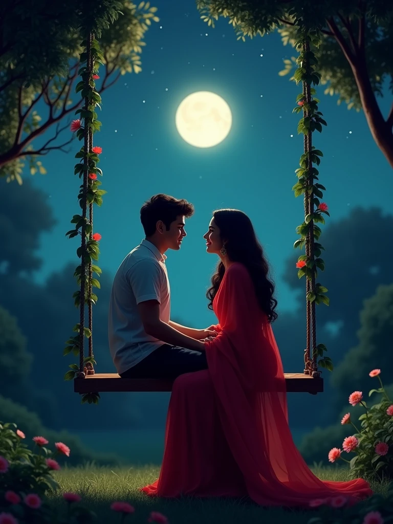 There is a 20-year-old Indian young girl she is wearing a red saree and has a boyfriend who goes to both the garden and swings during the night on the swing And let him have time moonlight night