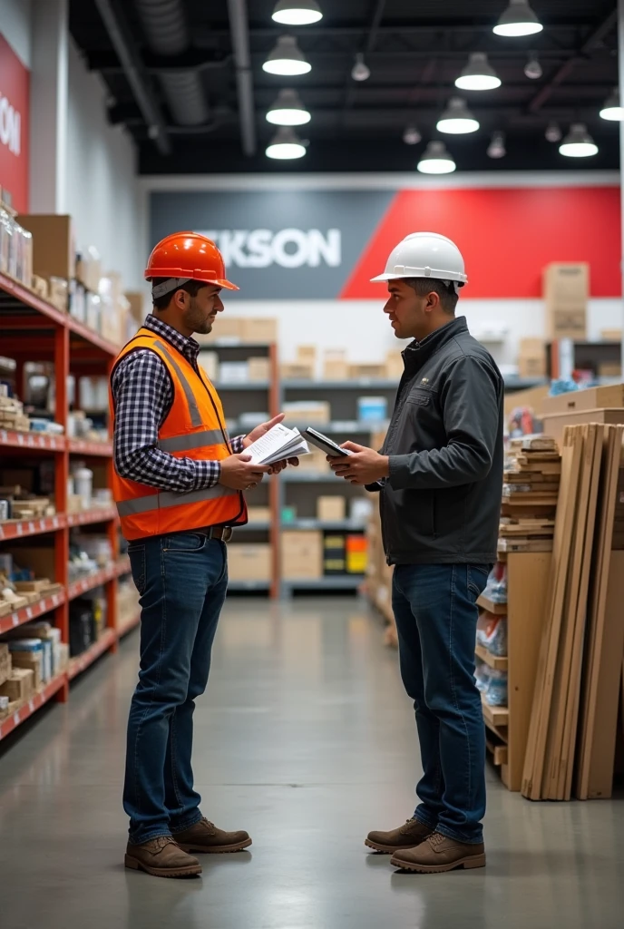 Interaction between customer and seller, in which the company is focused on selling construction materials whose logo contains the colors red and gray 
