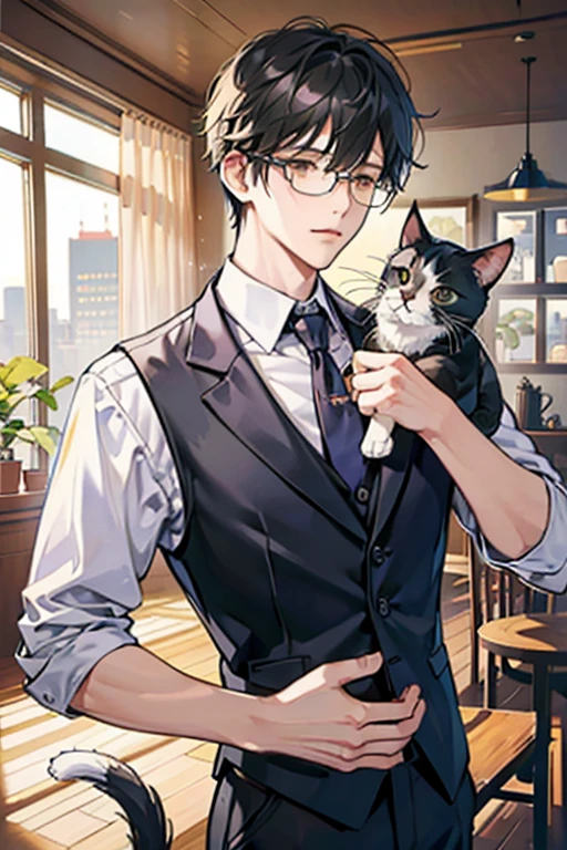 Center Part、Man、Boston-shaped glasses、Black Hair、Please put on a suit with a vest. Holding a cat and rubbing it against his cheek.、Inside the house、