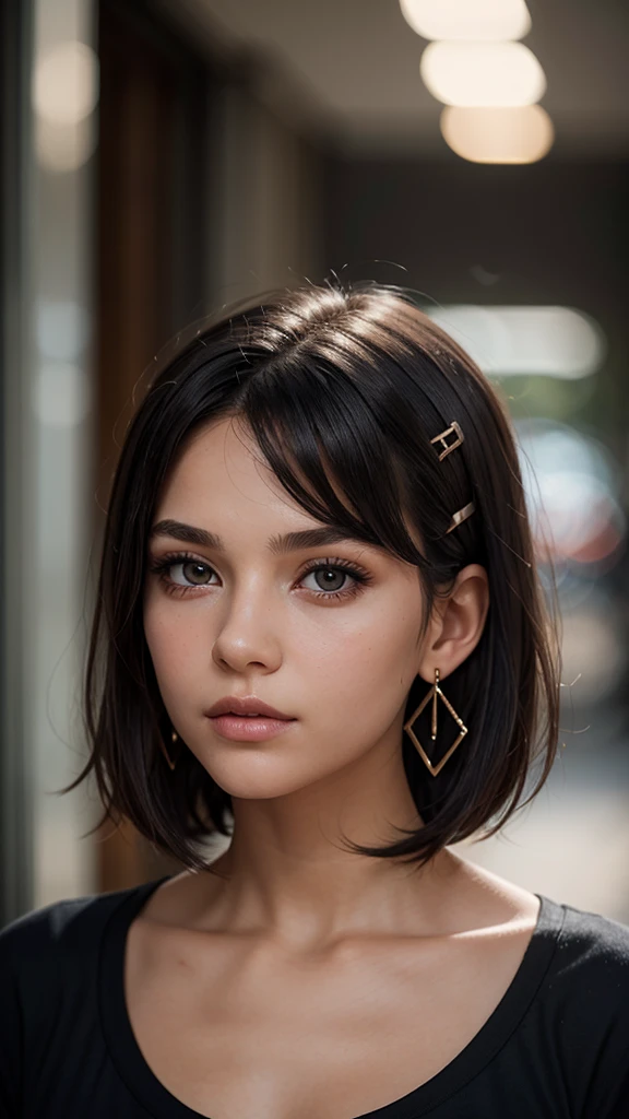 A young lady aged 16 yrs, with short black hair, curly hair, with air bangs. She is wearing dark makeup. She is wearing a black T-shirt. She has an athletic figure. She is wearing gold hair pins. She is wearing diamond earrings. Looking directly into the camera. She has dark skin, constricted pupils, parted lips, modest bust size, perfect lips, perfect nose, cute face, Hyperrealism, cinematic lighting, jpeg artifacts, close-up view, bokeh, textured skin, UHD, best quality, masterpiece, high details