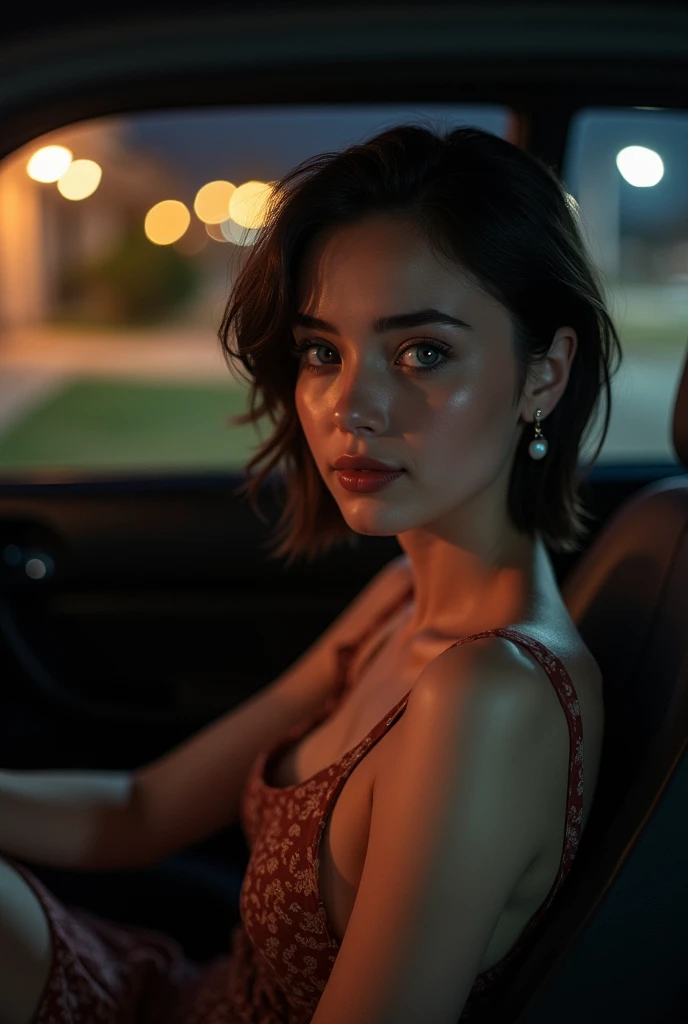 Cute eighteen , passenger seat of car, short dress, low cut top, brunette, young, eye contact, nighttime, street lights, smiling, smile, young girl, thin legs, skinny, short skirt, eighteen, sweet, parking lot, closed mouth, mouth closed, slim, tiny body, 18, blonde, bright blue eyes, red lipstick, short hair, parked outside house, photo real, photorealistic 