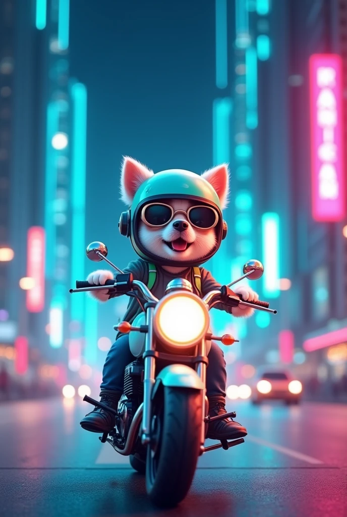 cute White and turquoise dog on the motor cycle in the tehran city at night with blue and pink lights 