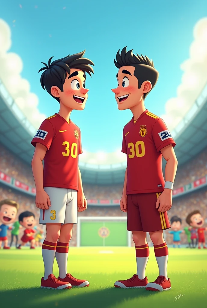 Cartoon photo. A footballer boy no.30 with his idol Ronaldo meet