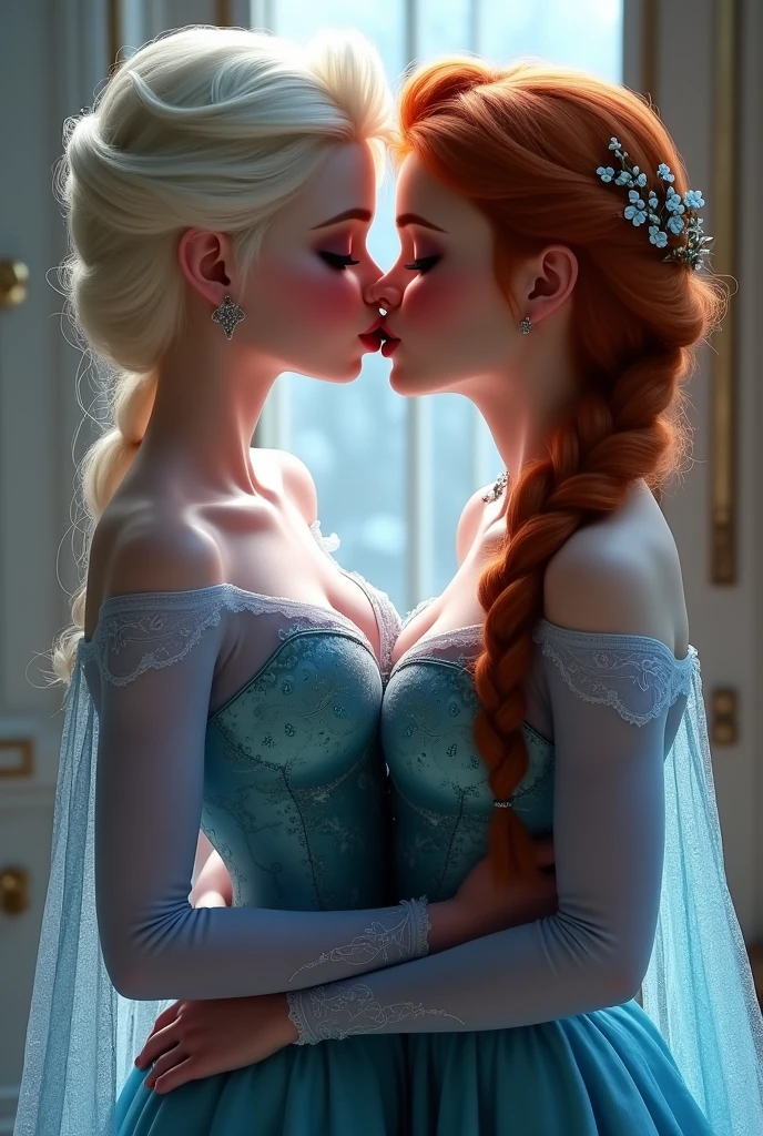 A stunning portrait of Elsa and her sister Anna kissing, French kissing, tongues touching, they are kissing, young and beautiful, hyper realistic, real portrait, backlit, exquisite features, cleavage, Elsa is showing her vagina to Anna and asking her to lick her vagina, she is inserting his fingers in her vagina under her skirt, she is fingering her, Elsa is in ecstasy, (anna has red hair), Elsa is reaching for Anna, Anna is slightly taller than Elsa