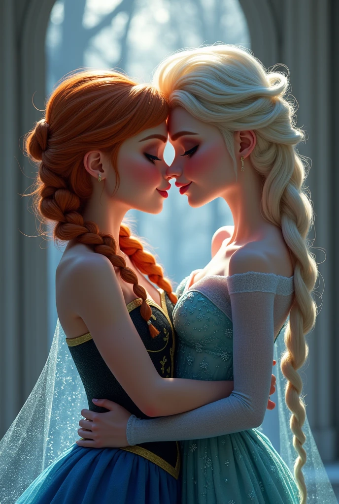 A stunning portrait of Elsa and her sister Anna kissing, French kissing, tongues touching, they are kissing, young and beautiful, hyper realistic, real portrait, backlit, exquisite features, cleavage, Elsa is showing her vagina to Anna and asking her to lick her vagina, she is inserting his fingers in her vagina under her skirt, she is fingering her, Elsa is in ???????, (anna has red hair), Elsa is reaching for Anna, Anna is slightly taller than Elsa