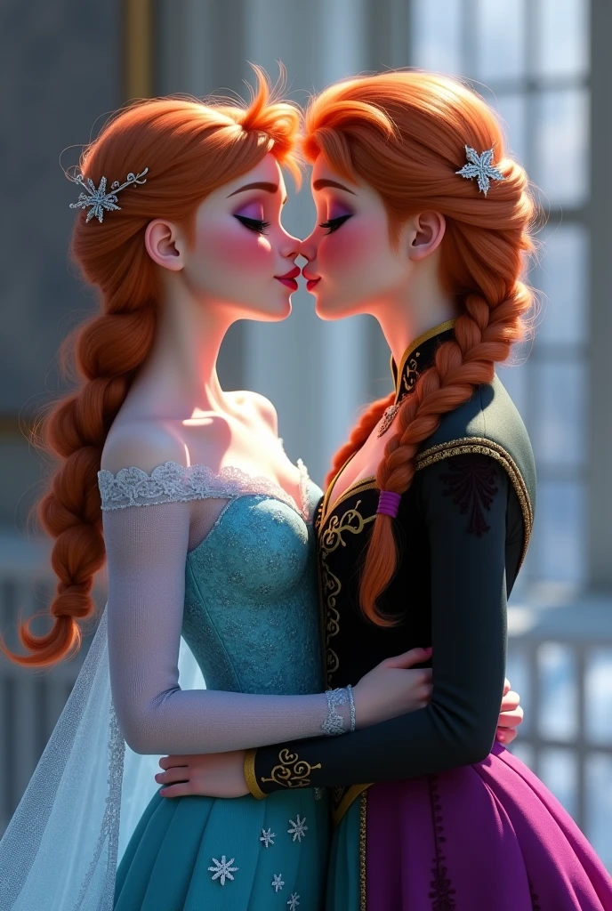 A stunning portrait of Elsa and her sister Anna kissing, French kissing, tongues touching, they are kissing, young and beautiful, hyper realistic, real portrait, backlit, exquisite features, cleavage, Elsa is showing her vagina to Anna and asking her to lick her vagina, she is inserting his fingers in her vagina under her skirt, she is fingering her, Elsa is in ecstasy, (anna has red hair), Elsa is reaching for Anna, Anna is slightly taller than Elsa