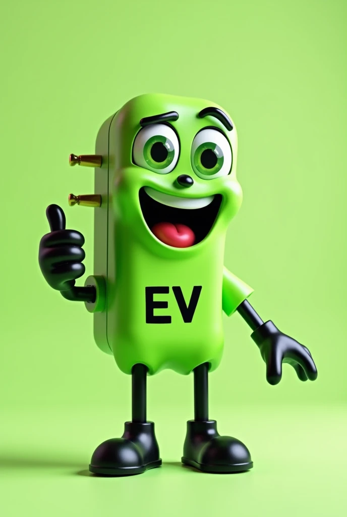 mascot in the shape of a male socket with black pins, wearing a fluorescent green shirt with EV written on it, giving a thumbs up with big green eyes and a wide happy smile