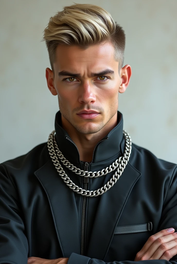 Create a realistic image of a young man, extremely slim and handsome, with light blonde hair, very short and combed to one side. The man has a serious but attractive expression, with honey-colored eyes that capture the light. He is completely shaved, without any trace of beard. He wears a thick silver chain around his neck.. The man is wearing a futuristic and stylish outfit that enhances his extremely slim figure., without bodybuilding, suitable for a president who created the event "Titans Legacy". Clothing must be modern, impressive and sophisticated, Designed to highlight your slim and stylized complexion. The man's hands are visible, posed naturally in front of him or to the sides, with a safe and relaxed posture. The background should be simple and neutral, allowing the main focus to be on the man's face, his futuristic clothing, and their facial details.