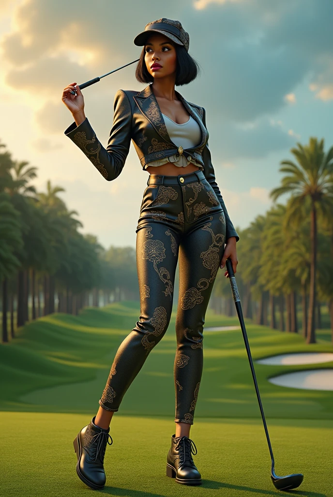 a female rapper in formal golf attire with hip hop motifs, playing golf on a golf course, highly detailed, photorealistic, 8k, masterpiece, ultra-detailed, extremely detailed face and eyes, beautiful detailed lips, long eyelashes, dramatic lighting, cinematic composition, vibrant colors, dynamic pose, lush environment, intricate patterns, stylish outfit, confident expression, beautiful golf course, dramatic sky, professional studio lighting