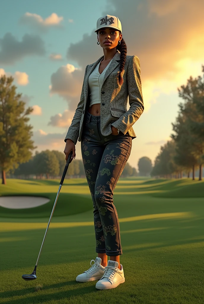 a female rapper in formal golf attire with hip hop motifs, playing golf on a golf course, highly detailed, photorealistic, 8k, masterpiece, ultra-detailed, extremely detailed face and eyes, beautiful detailed lips, long eyelashes, dramatic lighting, cinematic composition, vibrant colors, dynamic pose, lush environment, intricate patterns, stylish outfit, confident expression, beautiful golf course, dramatic sky, professional studio lighting