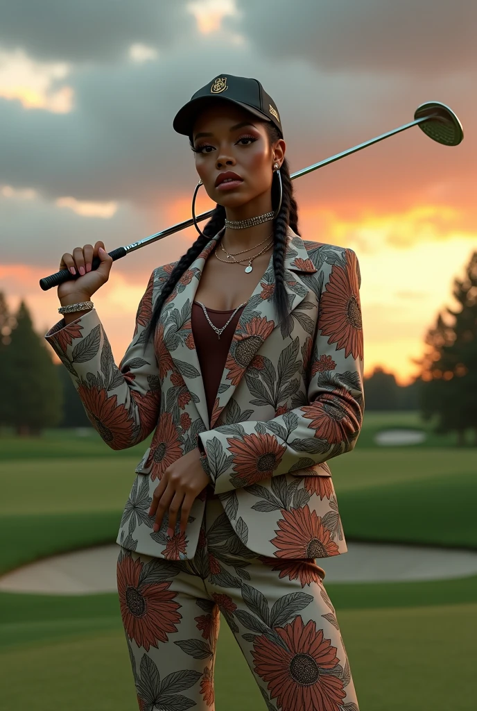 a female rapper in formal golf attire with hip hop motifs, playing golf on a golf course, highly detailed, photorealistic, 8k, masterpiece, ultra-detailed, extremely detailed face and eyes, beautiful detailed lips, long eyelashes, dramatic lighting, cinematic composition, vibrant colors, dynamic pose, lush environment, intricate patterns, stylish outfit, confident expression, beautiful golf course, dramatic sky, professional studio lighting