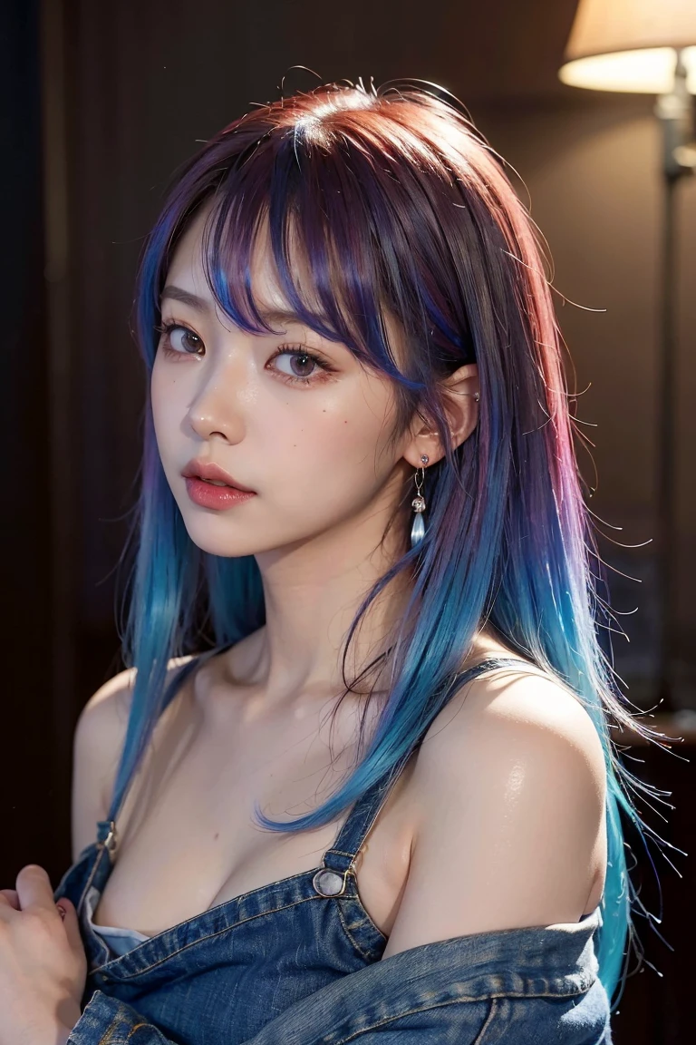 1 person、smile、(((Gradient hair from red roots to blue tips)))、See the view、Highest quality、masterpiece、Ultra-high resolution、8k、(Realistic:1.5)、RAW Photos、Perfect body、Big Breasts、Tank top、denim、Earrings、(In the Dark)、Deep Shadow、Discreet keys、(Warm Light)、Sexy look、bangs、Grey Sky、Shibuya、Outdoor、((Shibuyaの街並みが一望できるビルに立っている))、美しいShibuyaの夜景、Shibuyaスクランブルスクエア、