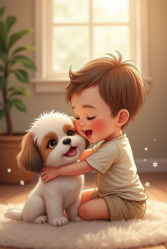 Design a tattoo featuring a baby boy playing joyfully with a Shih Tzu puppy. The baby and the dog should be interacting in a playful manner, conveying warmth and innocence. Incorporate the numbers 04 and 10 subtly into the design. The style should be detailed, with soft shading and a mix of realistic and illustrative elements.