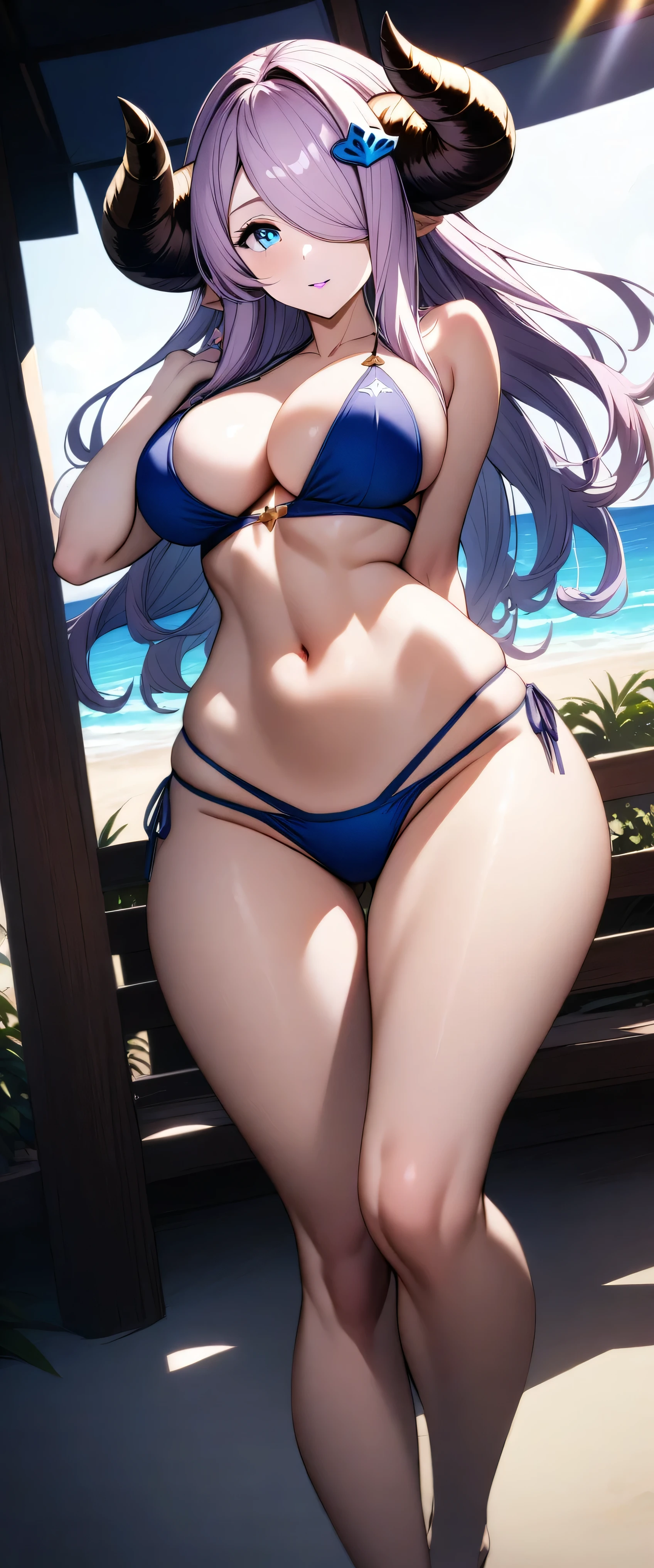 score_9, score_8_above, score_7_above, (masterpiece), best quality, expressive eyes, perfect face, 1girl, narmaya, granblue fantasy, bikini, looking at viewer, purple hair, long hair, blue eyes, well endowed body, wide hips, detailed eyes, beach, full body shot, perfect anatomy, sunlight, horns, purple lipstick, ray tracing, UHD, one eye covered by hair, sexy pose, well formed breasts, developed obliques, well formed buttocks