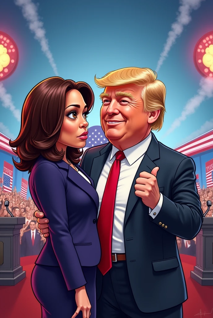 kamala harris loosing election against donald trump cartoon illustration in detailed
