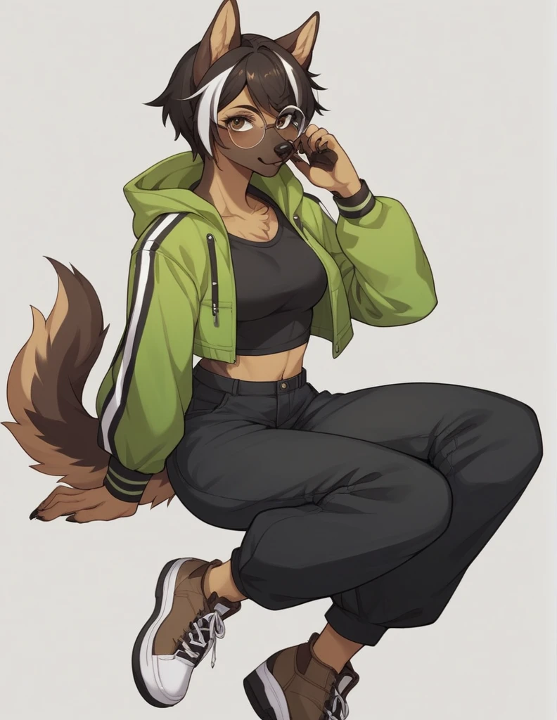 solo, score_9, score_8_up, score_7_up, score_6_up, score_5_up, source_anime, score_4_up, German Shepherd Anthro, Female One, perfectbody, Medium chest, chestnut hair, white streak in bangs, brown dark eyes, cropped preto, elongated fur-lined jacket, baggy pants (black pants), looking at the viewer, round glasses (white glasses), black sneakers (brown sneaker sole)