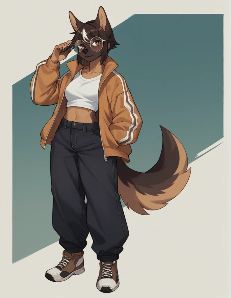 solo, score_9, score_8_up, score_7_up, score_6_up, score_5_up, source_anime, score_4_up, German Shepherd Anthro, Female One, perfectbody, Medium chest, chestnut hair, white streak in bangs, brown dark eyes, cropped preto, elongated fur-lined jacket, baggy pants (black pants), looking at the viewer, round glasses (white glasses), black sneakers (brown sneaker sole)