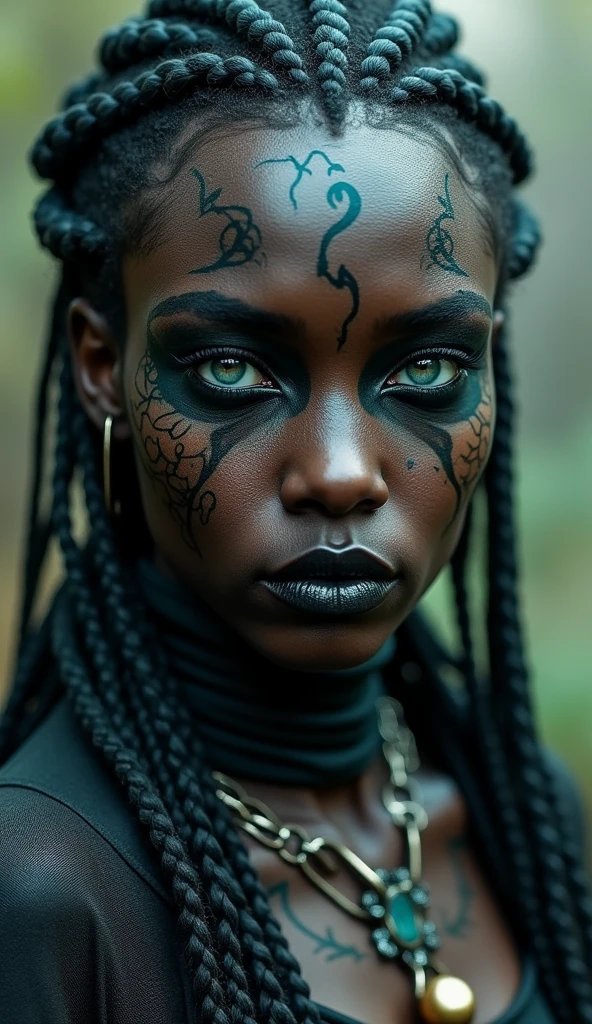 a close up of a woman with tattoos on her face, dark elf, fractalpunk, braided intricate hair, matte painting portrait shot, beautiful female android, pitchblack skin, blue-green eyes, she is dressed in shaman clothes, tattooed face, cryptopunk, heavy makeup