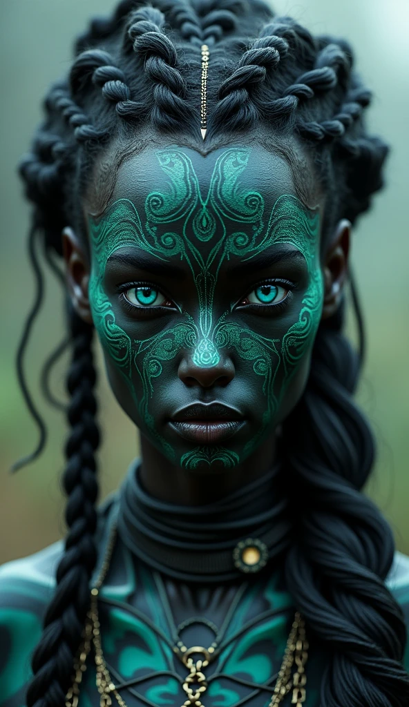 a close up of a woman with tattoos on her face, dark elf, fractalpunk, braided intricate hair, matte painting portrait shot, beautiful female android, pitchblack skin, blue-green eyes, she is dressed in shaman clothes, tattooed face, cryptopunk, heavy makeup