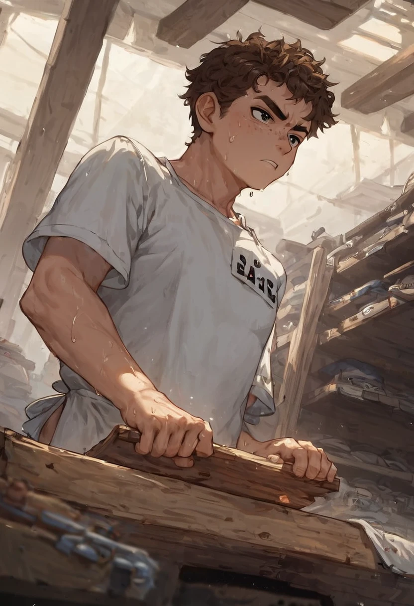 rating_safe, score_9_up, score_8_up, thin 20yo man, 1boy, solo, dark eyes pale freckled skin, (garage shop background), ((chin-length brown hair)), (young man holding a plank at woodworking station), (rag held in hand),  ((man wiping a big plank of smooth wood with a rag)), determined expression, sweat drop running down temple, fatty bangs hanging into face, low perspective, dark eyes, bushy eyebrows, low light, negative hands, dark, simple woodworking apron and t-shirt, white shirt, (highest quality, masterpiece), sitting in workshop, sideview