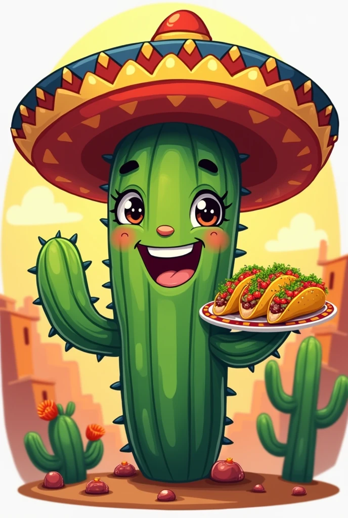 Logo of a friendly Cactus with a plate of tacos in his hand and a Mexican hat with the colors of Colombia