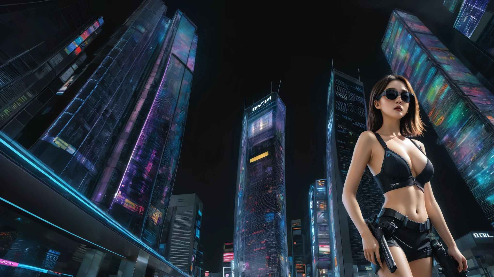 (Low angle view). A futuristic sci-fi all-glass Tokyo city, tall neon buildings, transparent elevator, 1 drone. High-resolution OLED GUI interfaces in the building, The windows are filled with transparent data visualization infographics that show it all, from weather patterns to traffic flow, Matrix cascading code. Colors are saturated and vibrant. At night, (1girl, solo), photo realistic, medium-breast:1.3 slim body, cleavage, sexy costume, miniskirt, (matrix style black sunglasses, holding a short gun), half-body thigh level medium shot, cinematic lighting, ray tracing.