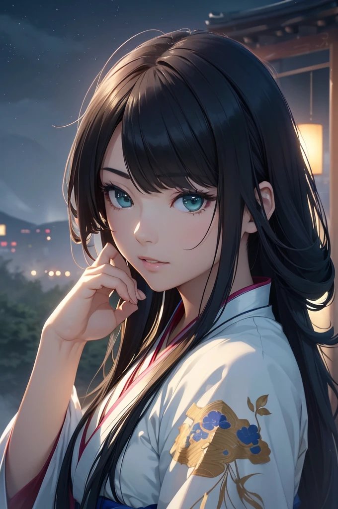 Starry sky and fog cover the landscape.Rich historical background. (Highest quality,4K,8k,High resolution,masterpiece:1.2), Very detailed, (Realistic,Realistic,Photorealistic:1.37), High resolution, Hyper HD, Studio Lighting, Ultra-fine painting, Sharp focus, Physically Based Rendering, Very detailed説明, Professional, Vibrant colors, Bokeh, Sports Late, Traditional Chinese Painting Techniques, Atmospheric lighting, Dynamic Pose, Vivid color contrast, Visually stunning composition, Ethereal atmosphere,Very detailed目と顔, Beautiful attention to detail, Light on the face, (Hanfu: 1.1),Green Eyes,Graceful dancing woman